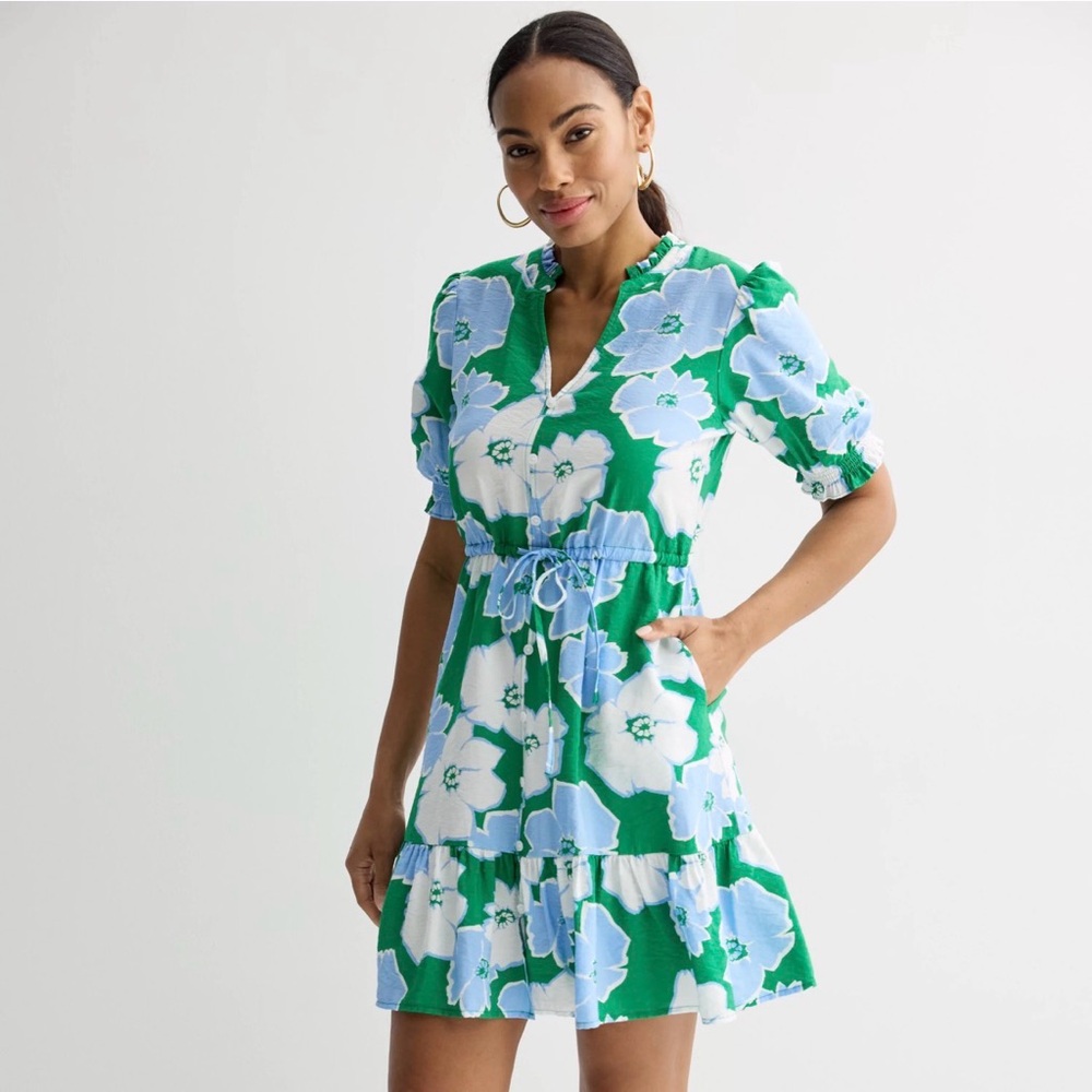 Nwt NEW women’s tropical vacation mini dress L 12 14 Ruffle Collar Tie Waist